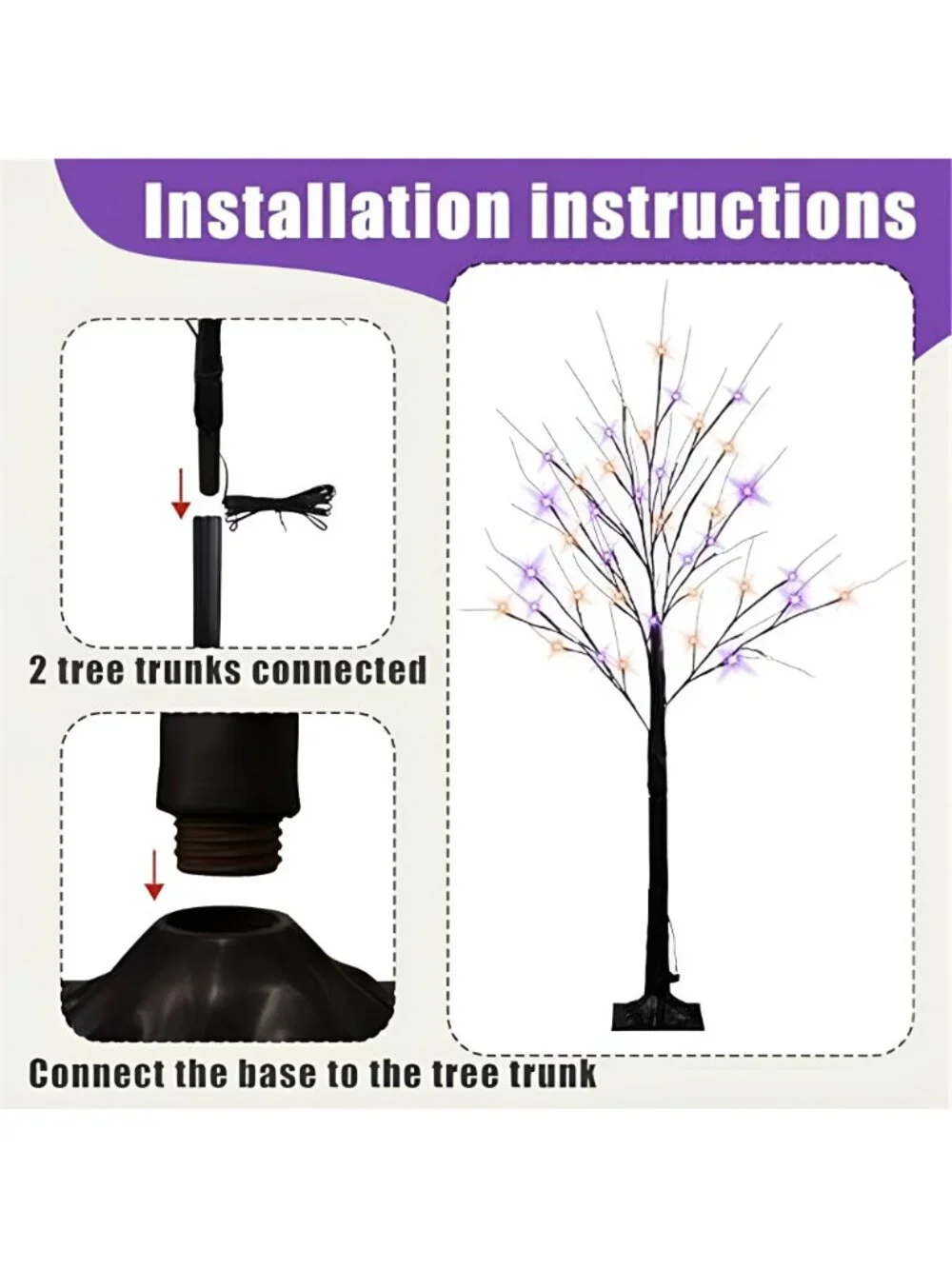 2 Pack 4FT Halloween Lighted Up Birch Tree, Total 96 LED Purple